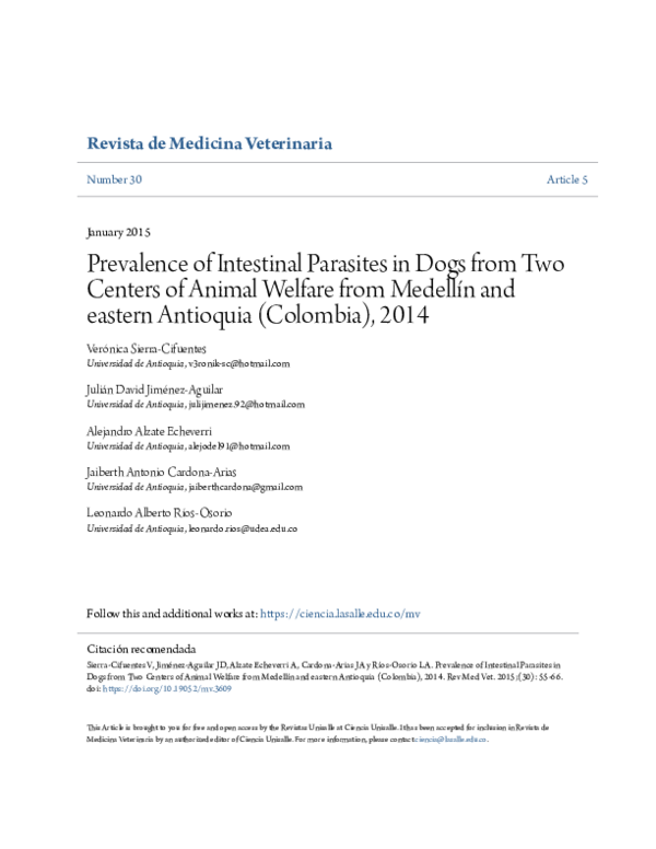 (PDF) Prevalence of intestinal parasites in dogs from two centers of ...