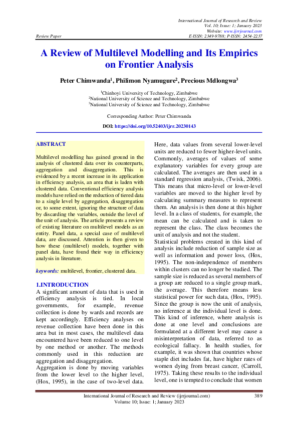 (PDF) A Review of Multilevel Modelling and Its Empirics on Frontier ...