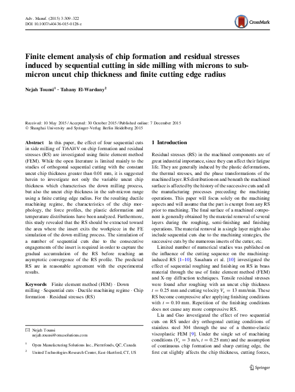 (PDF) Finite element analysis of chip formation and residual stresses ...