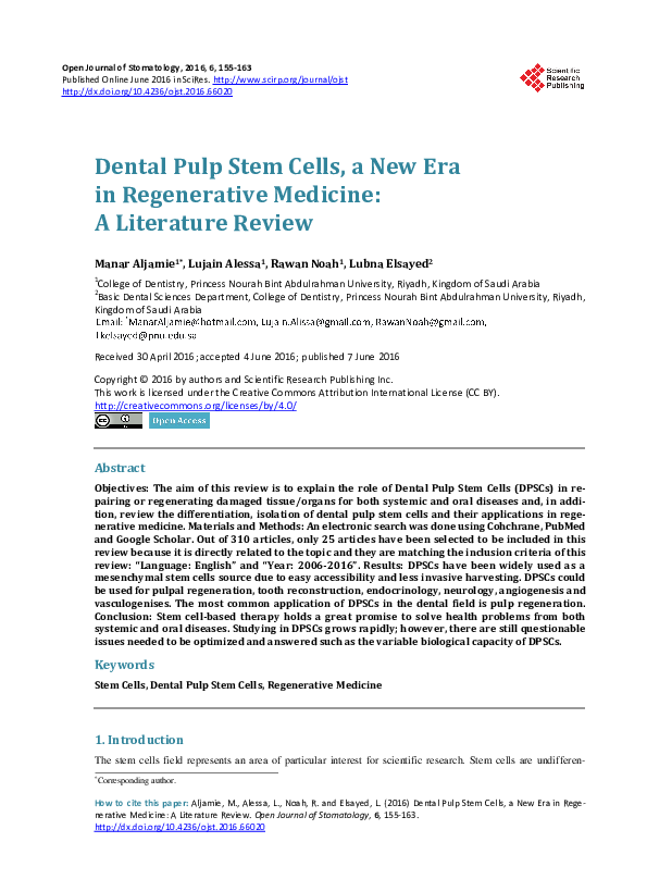 (PDF) Dental Pulp Stem Cells, a New Era in Regenerative Medicine: A ...
