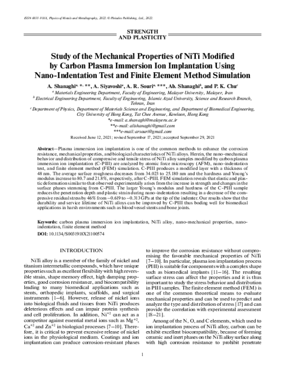 (PDF) Study of the Mechanical Properties of NiTi Modified by Carbon ...