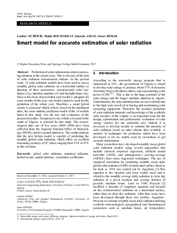 (PDF) Smart model for accurate estimation of solar radiation