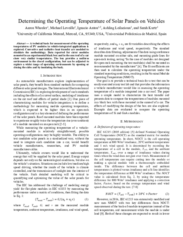 (PDF) Determining the Operating Temperature of Solar Panels on Vehicles