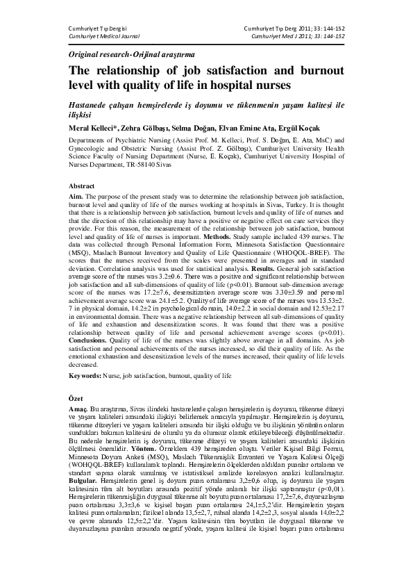 (PDF) The relationship of job satisfaction and burnout level with ...