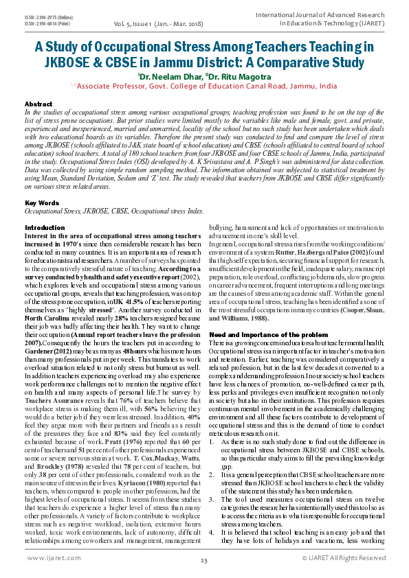 (PDF) A Study of Occupational Stress Among Teachers Teaching in JKBOSE ...