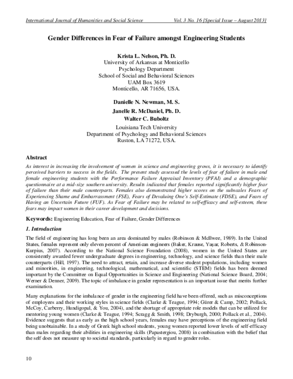 (PDF) Gender Differences in Fear of Failure amongst Engineering Students