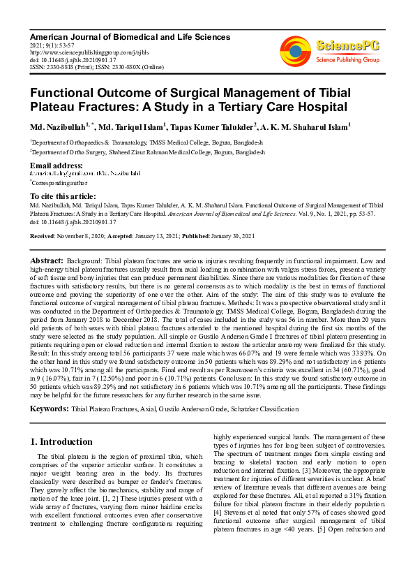 (PDF) Functional Outcome of Surgical Management of Tibial Plateau ...