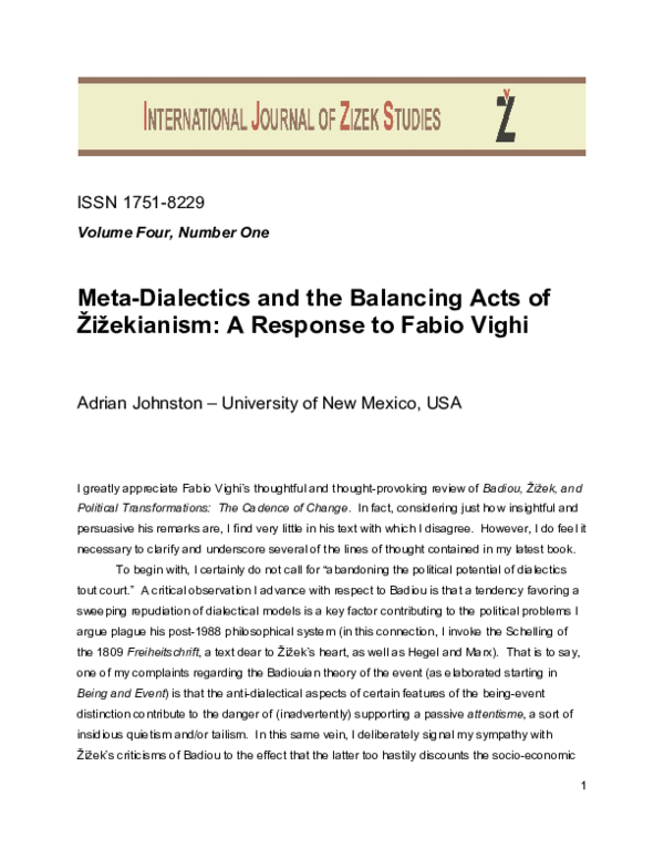 (PDF) Meta-Dialectics and the Balancing Acts of Žižekianism: A Response ...