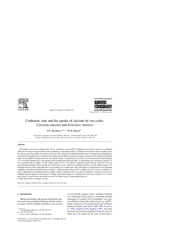 (PDF) Cadmium, zinc and the uptake of calcium by two crabs, Carcinus ...