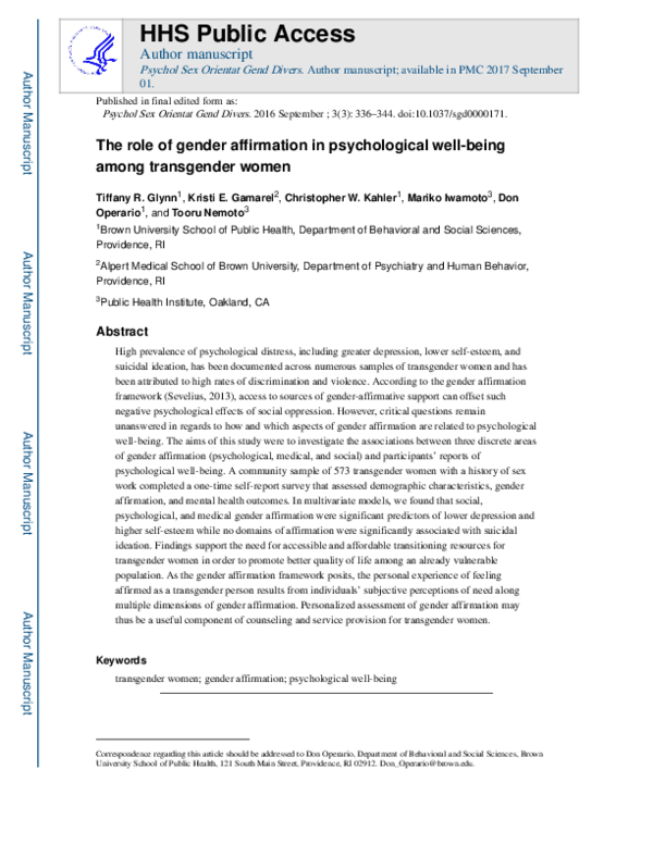 (PDF) The Role of Gender Affirmation in Psychological Well-Being Among ...