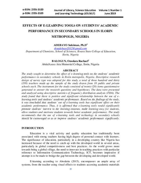 (PDF) Effects of E-Learning Tools on Students’ Academic Performance in ...