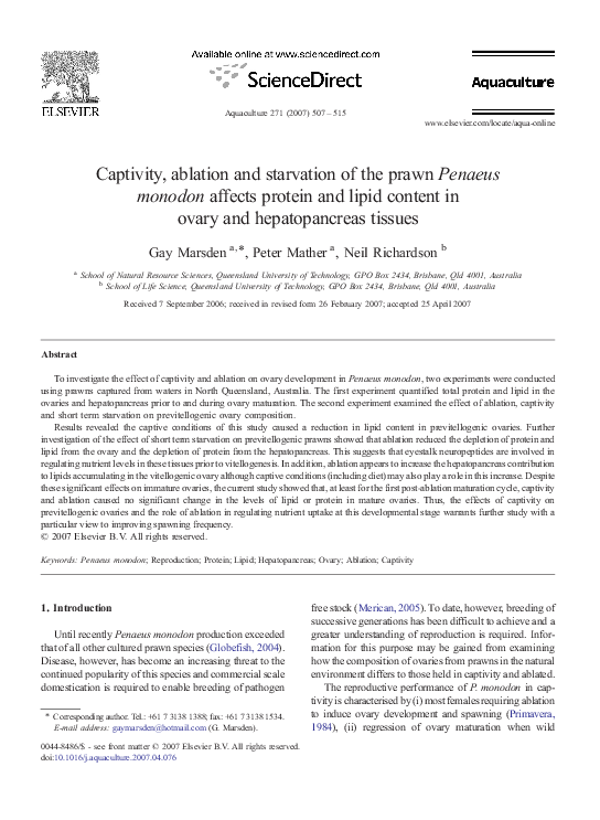 (PDF) Captivity, ablation and starvation of the prawn Penaeus monodon ...