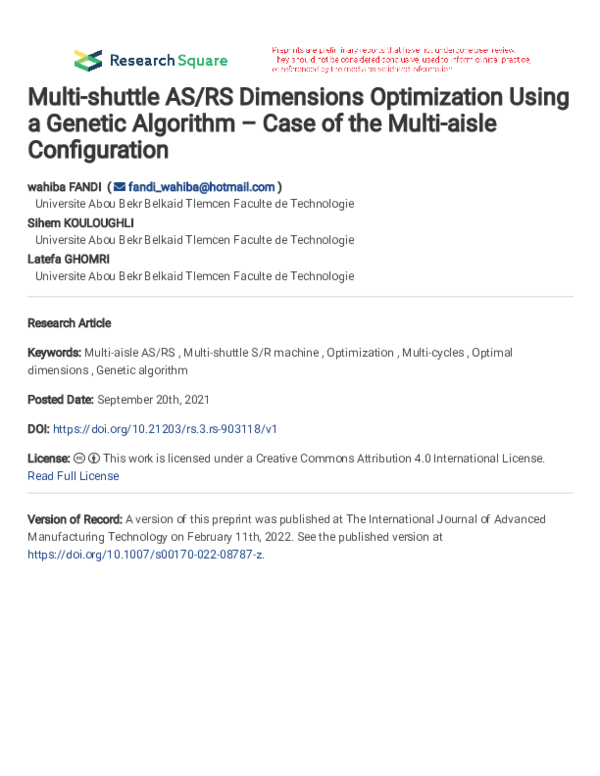 (PDF) Multi-shuttle AS/RS Dimensions Optimization Using a Genetic ...
