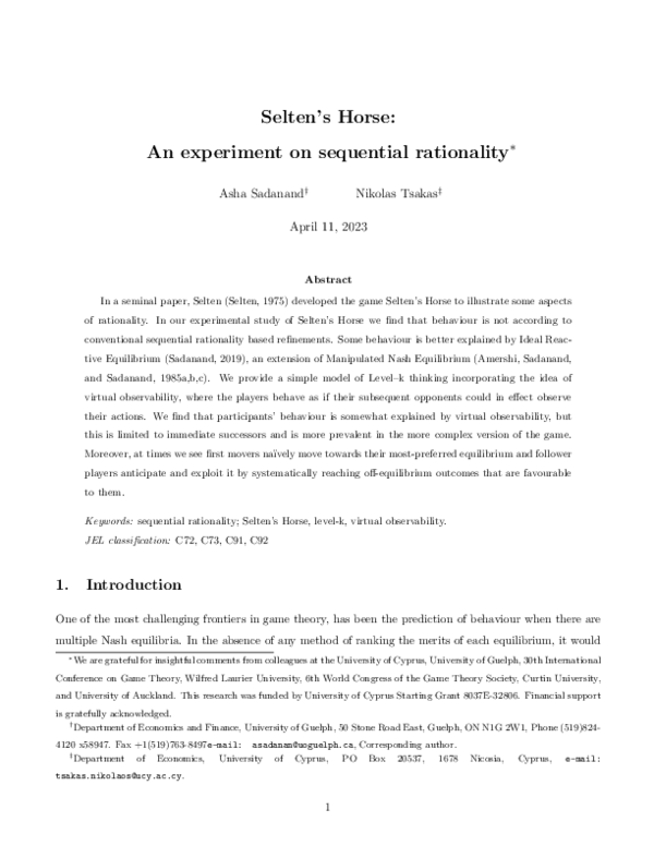 (PDF) Selten's Horse an Experiment on Sequential Rationality∗