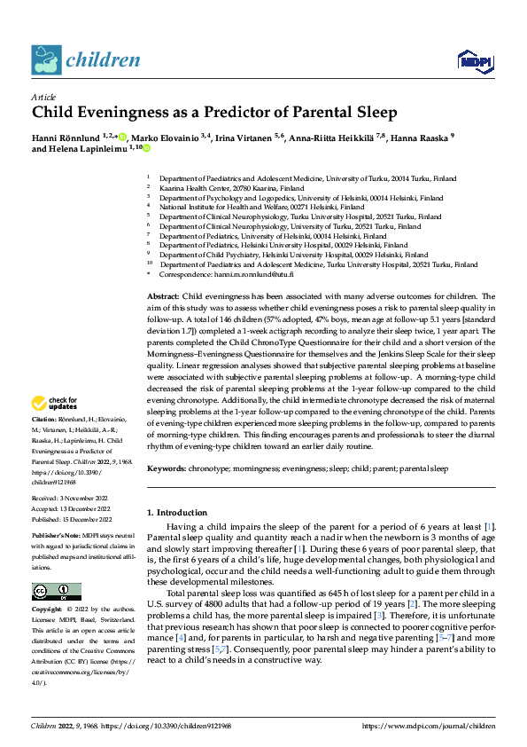 (PDF) Child Eveningness as a Predictor of Parental Sleep