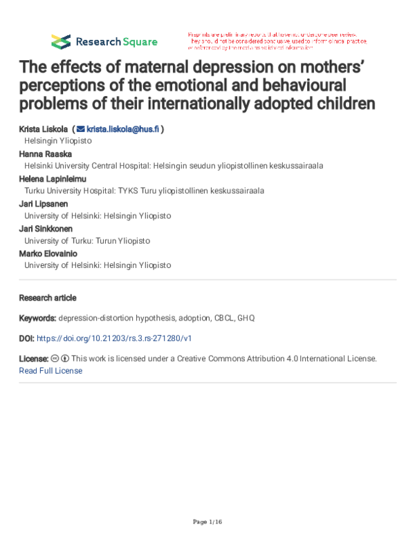 (PDF) The effects of maternal depression on mothers’ perceptions of the ...