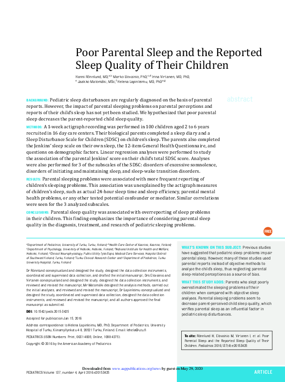 (PDF) Poor Parental Sleep and the Reported Sleep Quality of Their Children