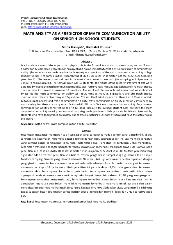 (PDF) Math Anxiety as a Predictor of Math Communication Ability on ...