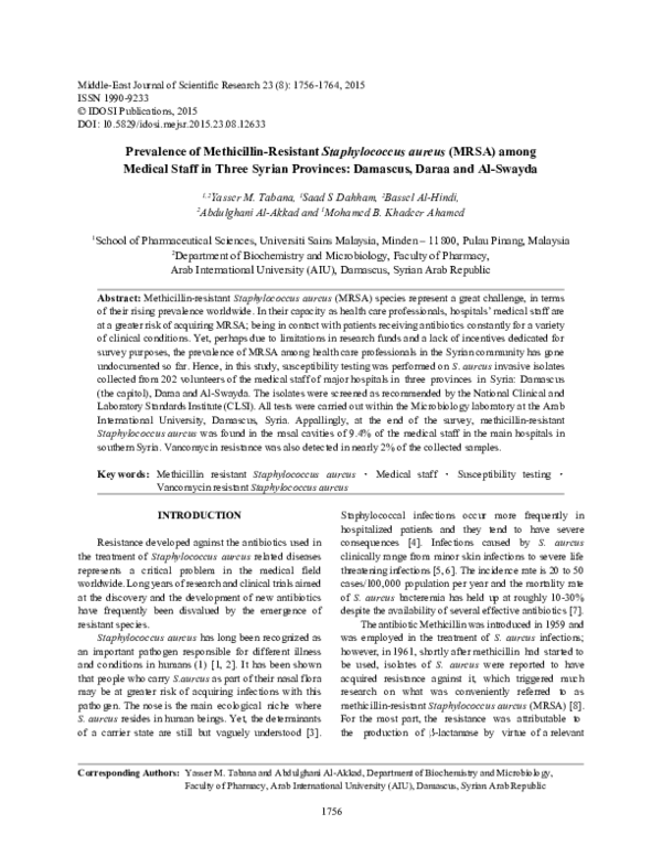 (PDF) Prevalence of Staphylococcus aureus and methicillin resistant ...
