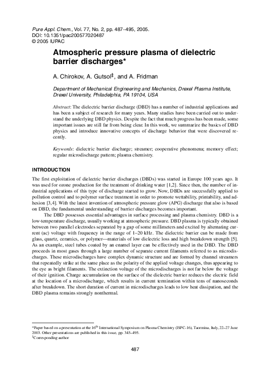 (PDF) Atmospheric pressure plasma of dielectric barrier discharges