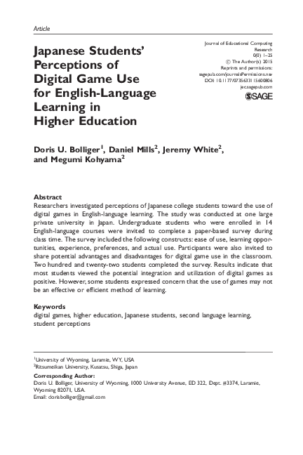 (PDF) Japanese Students’ Perceptions of Digital Game Use for English ...
