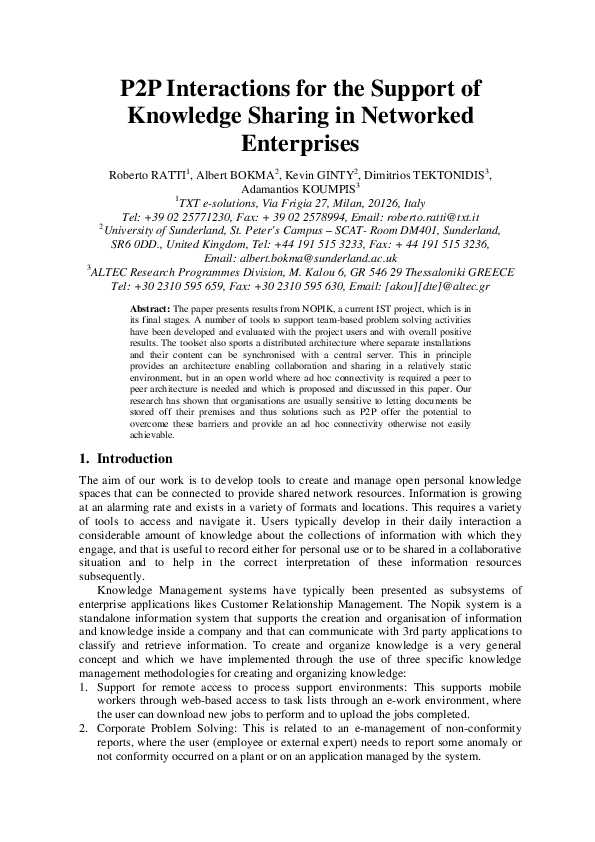 (PDF) P2P Interactions for the Support of Knowledge Sharing in ...