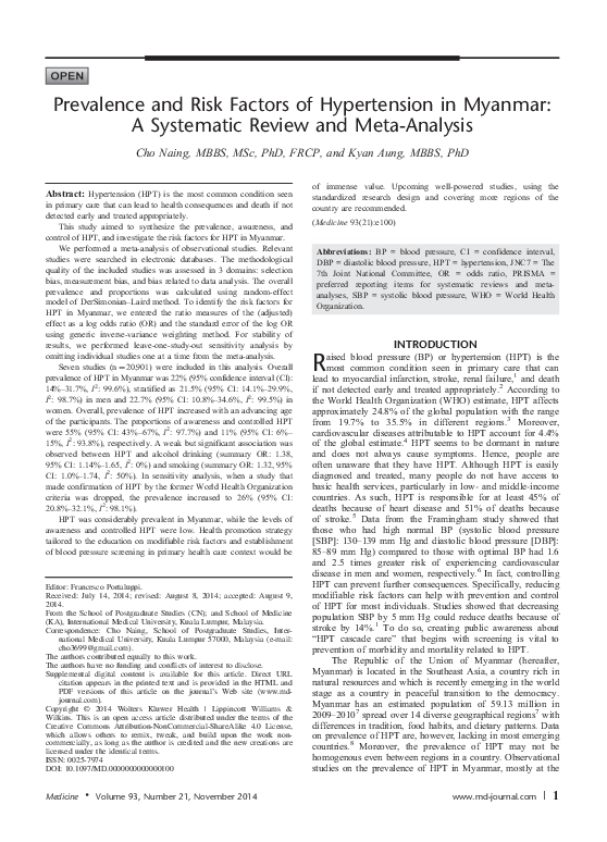 (PDF) Prevalence and Risk Factors of Hypertension in Myanmar