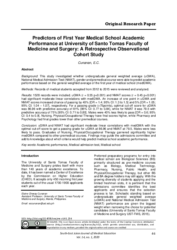  pdf predictors of first year medical school academic performance at