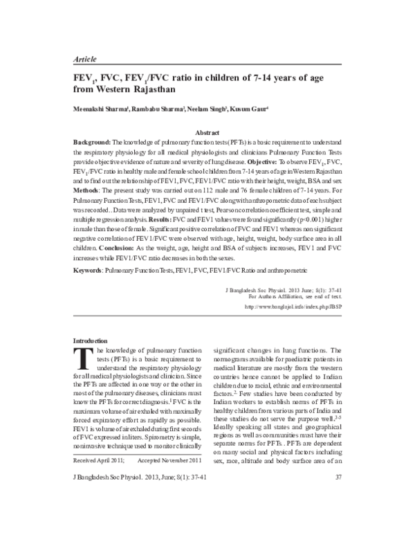 (PDF) FEV1, FVC, FEV1/FVC ratio in children of 7-14 years of age from ...
