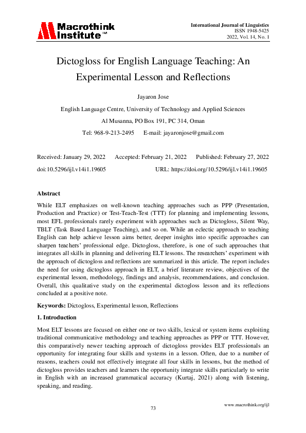 (PDF) Dictogloss for English Language Teaching: An Experimental Lesson ...