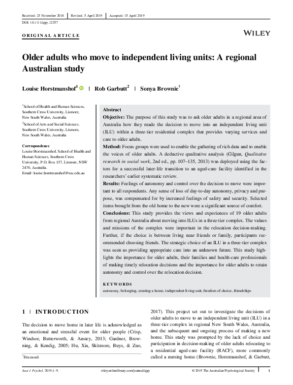 (PDF) Older adults who move to independent living units: A regional ...