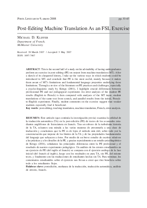 (PDF) Post-editing machine translation as an FSL exercise
