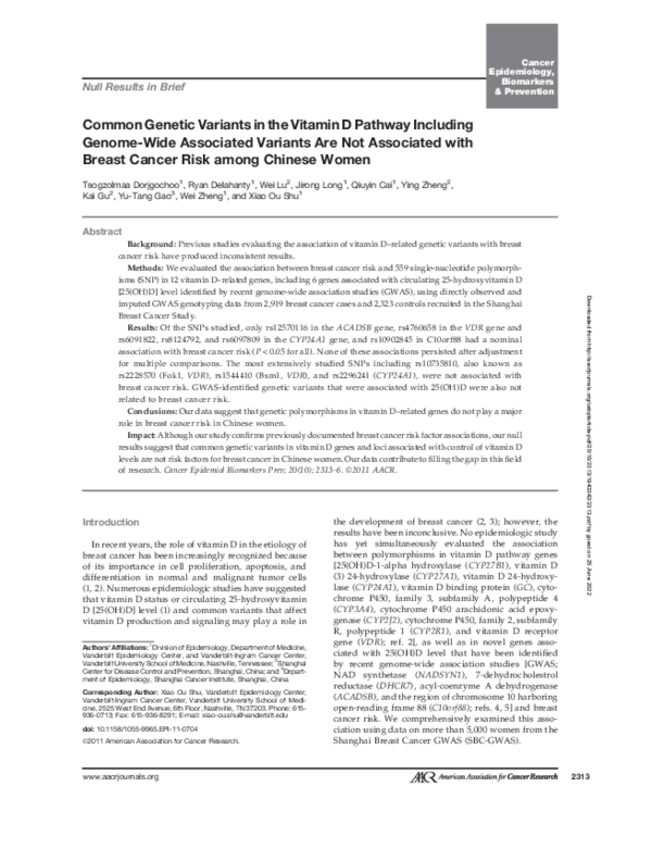 (PDF) Common Genetic Variants in the Vitamin D Pathway Including Genome ...