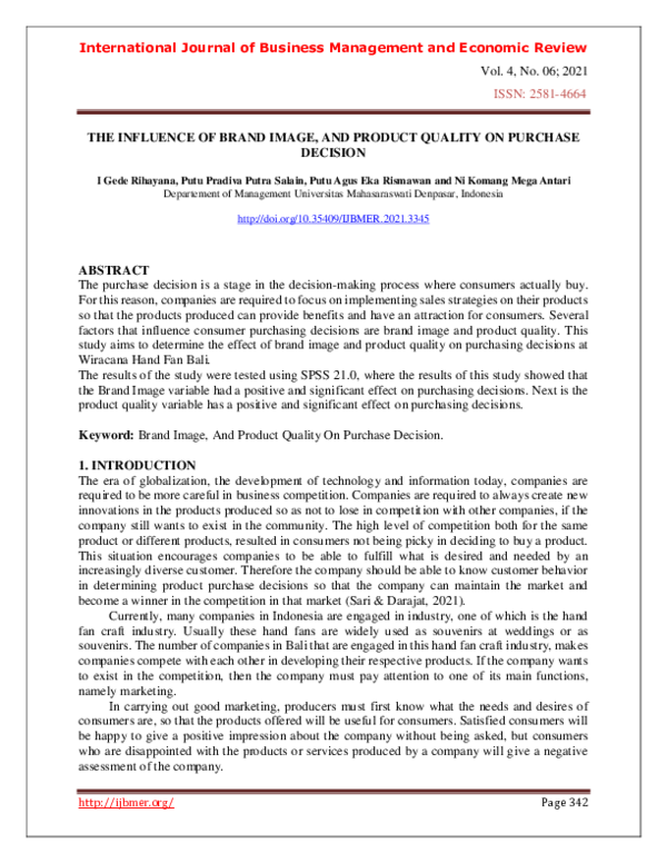 (PDF) The Influence of Brand Image, and Product Quality on Purchase ...