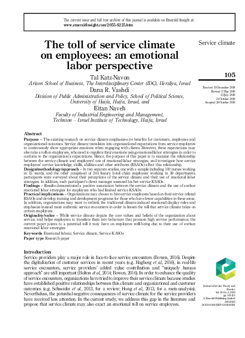 (PDF) The toll of service climate on employees: an emotional labor ...