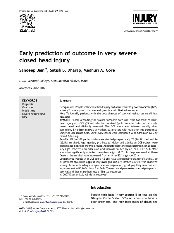 (PDF) Early prediction of outcome in very severe closed head injury
