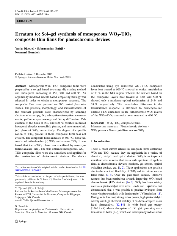 (PDF) Erratum to: Sol–gel synthesis of mesoporous WO3–TiO2 composite ...