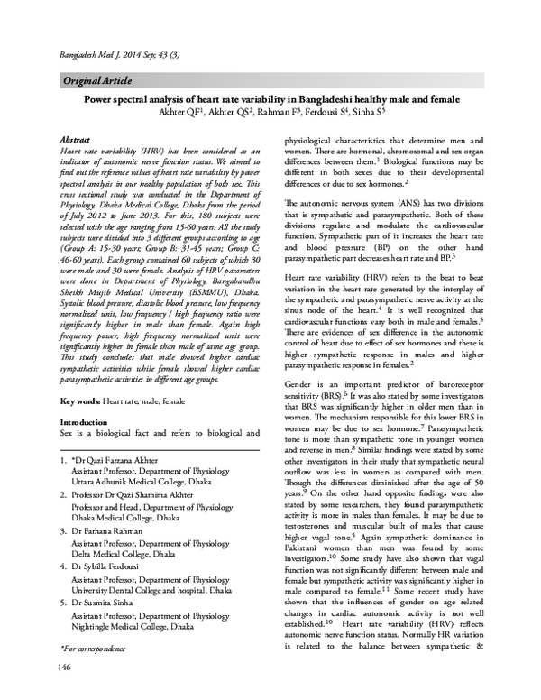 (PDF) Power spectral analysis of heart rate variability in Bangladeshi ...