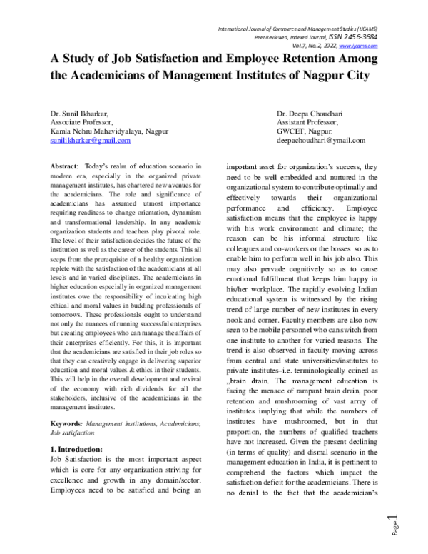 (PDF) A Study of Job Satisfaction and Employee Retention Among the ...