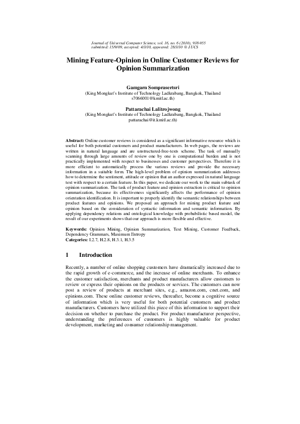 (PDF) Mining Feature-Opinion in Online Customer Reviews for Opinion ...