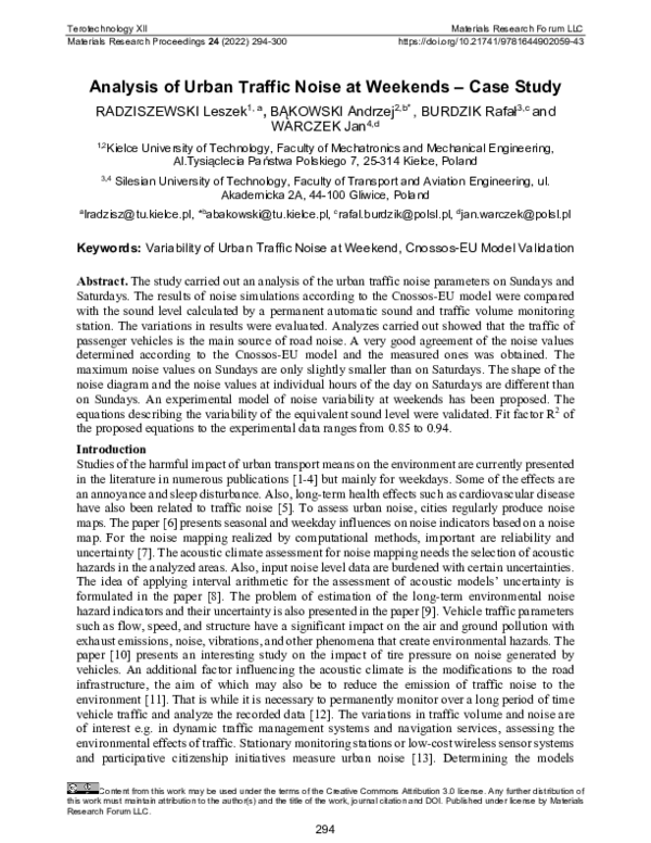 (PDF) Analysis of Urban Traffic Noise at Weekends Case Study leszek