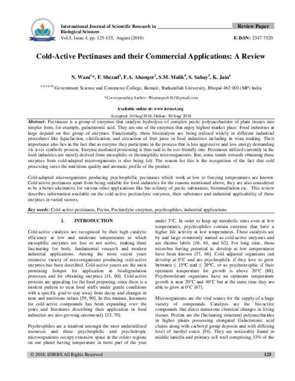 (PDF) ColdActive Pectinases and their Commercial Applications A Review Sanjay Sahay