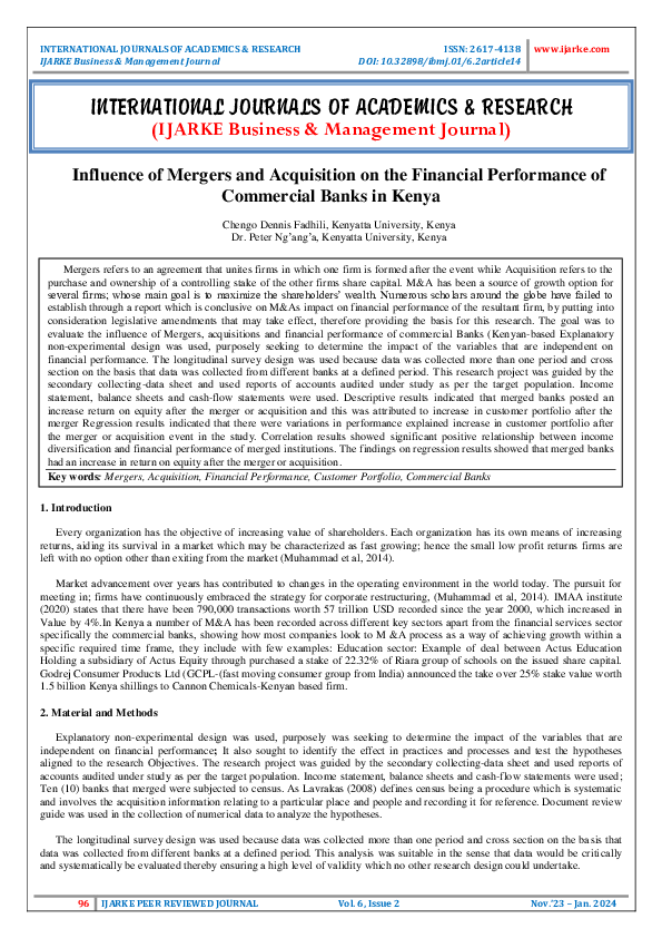 (PDF) Influence of Mergers and Acquisition on the Financial Performance ...