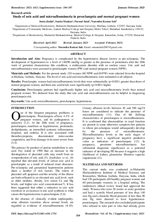 (PDF) Study of uric acid and microalbuminuria in preeclampsia and ...