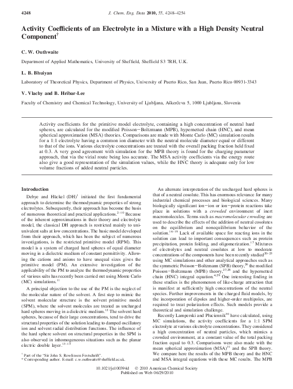 (PDF) Activity Coefficients of an Electrolyte in a Mixture with a High ...