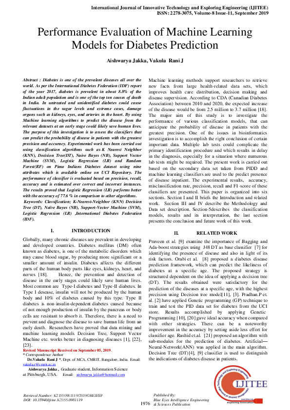 (PDF) Performance Evaluation of Machine Learning Models for Diabetes ...