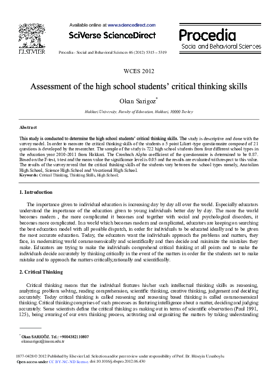 (PDF) Assessment of the High School Students' Critical Thinking Skills
