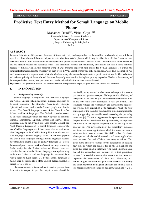 (PDF) Predictive Text Entry Method for Somali Language on Mobile Phone