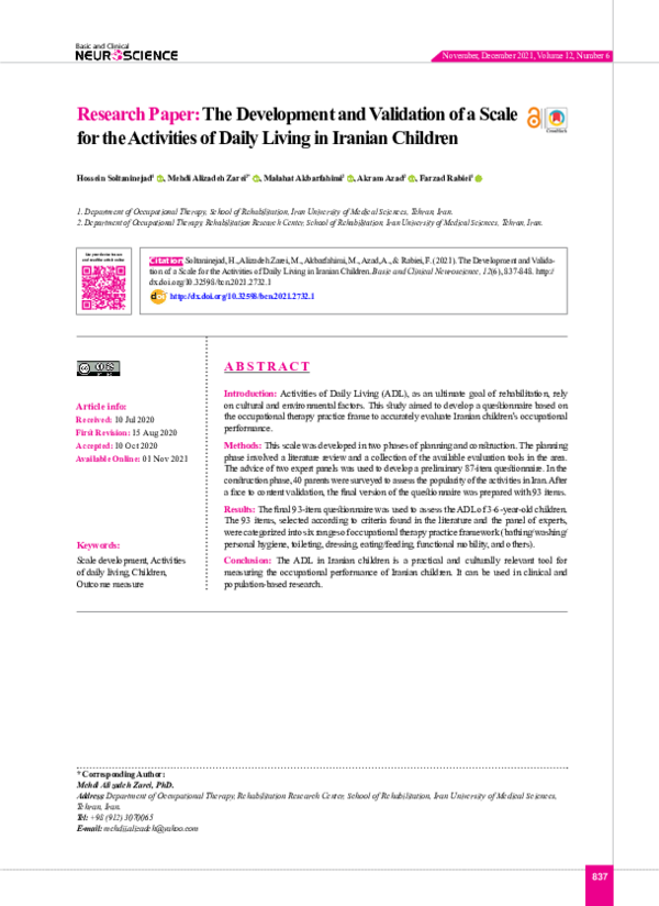 (PDF) The Development and Validation of a Scale for the Activities of ...