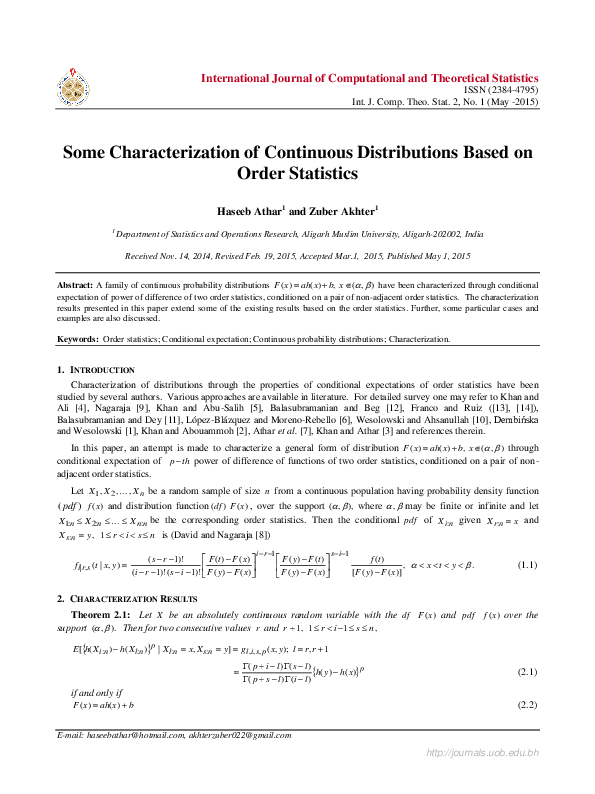 (PDF) Characterization of Continuous Distributions Based on Order ...